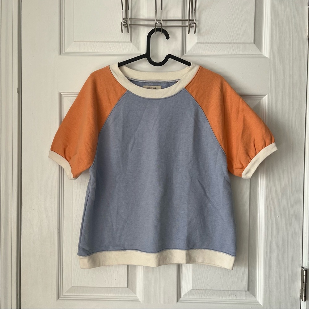 NWOT Women's Madewell Short-Sleeve Sweatshirt in Colorblock Craft Blue size XS